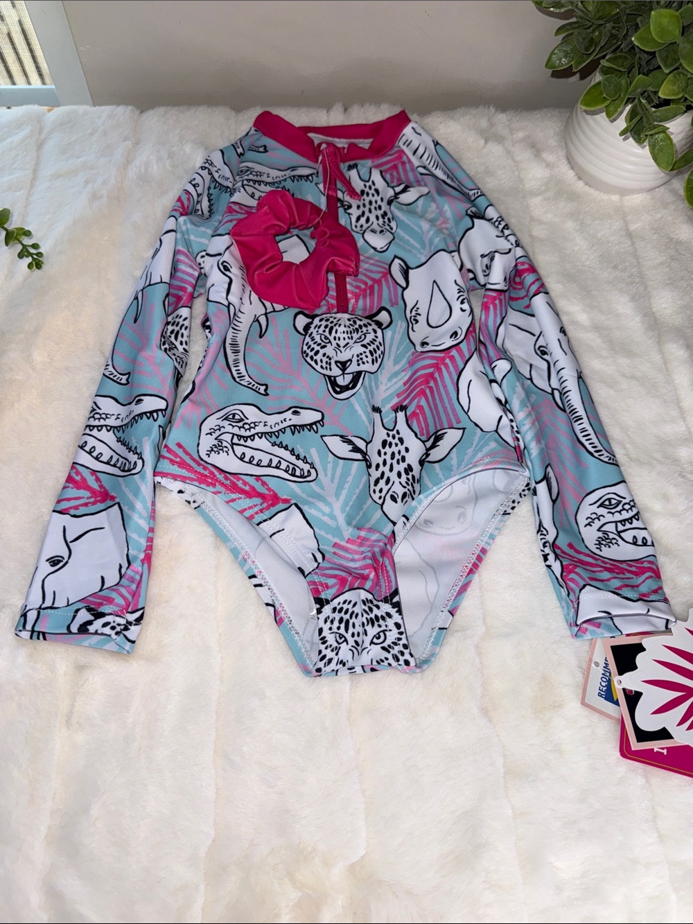 Andy & Evan Long-Sleeve One-Piece Swimsuit in Pink and Light Blue - Size 2T